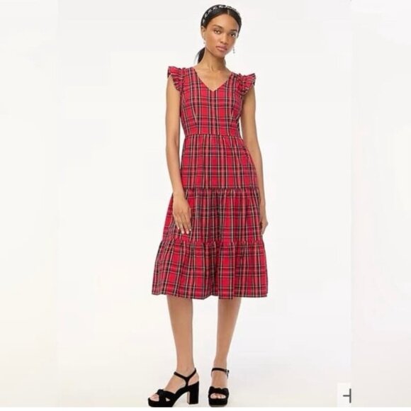 J.Crew Plaid Tartan Flutter Sleeve Midi Dress 8 Holiday Christmas black stewart - Picture 1 of 13